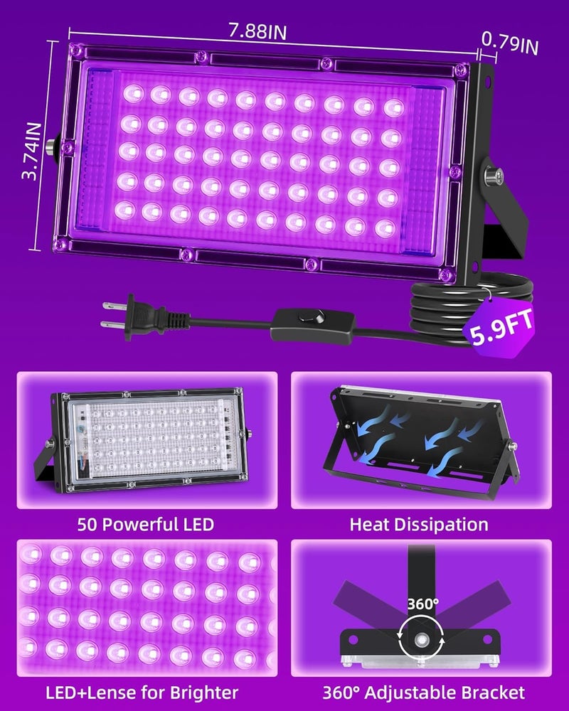 THECHAM Store 50W LED Black Lights IP66 Waterproof Black Light Outdoor with 5.9ft Plug+Switch, Flood Blacklight for Halloween Glow in The Dark Party Stage Light Neon Glow Birthday 4 Pack - Image 3